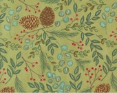 Moda Fabric - Winter Friends by Deb Strain for Moda - 56131 14 - 1/2 yard - green with pine cones, leaves, berries, trees, birds - Cotton