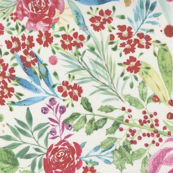Moda Fabric - Comfort & Joy Fabric 39750 11 - Create Joy Project by Laura Muir - floral white bkground - Cotton Fabric - 44" - 1/2 yard