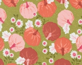 Moda Fabric - Hey Boo - by Lella Boutique - 1/2 yard - 5210 17 -  green background with cute pink/orange pumpkins - Cotton fabric