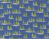 Moda Fabric - On Lake Time by Deb Strain - 1/2 yard - 56125 13 - dark blue with green trees - 44" Cotton Fabric - Evergreen Trees