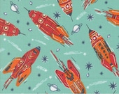 Moda Fabric - 3, 2, 1 Blast Off by Stacy Iest Hsu - cotton fabric - 1/2 yard - 20950 17 - teal with red and orange rockets - Blast off