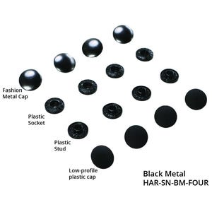 May include: An assortment of black metal snap fasteners, including fashion metal caps, plastic sockets, plastic studs, and low-profile plastic caps. The text "Black Metal HAR-SN-BM-FOUR" is also visible.