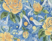 Moda Fabric - Sunshine and Blue Skies 39832 14 - Create Joy Project by Laura Muir - 1/2 yard - blue with large yellow roses - cotton fabric