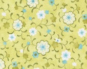 Moda Fabric - Jolie by Chez Moi 33694 - 15 - 1/2 yard - medium print green background with white and blue Floral design - Cotton Fabric