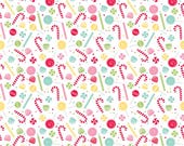 Riley Blake Fabric - Gingerbread Kisses - by Doodlebug Designs - C16443 - color white - 1/2 yard - white with various candies - Riley Blake