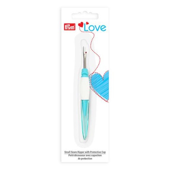 Prym Seam Ripper - Turquoise and white Handle - Sharp Point - Cuts unwanted threads - with a cap - Ergonomic soft handle grip - Seam ripper