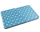 Needle CarryCard - vinyl needle case - holds up to 2 3/4" long sewing needles - size of a credit card - light blue with white polka dots