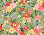 Riley Blake Fabric - Floral Charms - by Kelsey Carlson - C15760 - color green - 1/2 yard - green with coral, pink, and yellow flowers