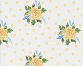 Moda Fabric - Sunshine and Blue Skies 39821 11 - Create Joy Project by Laura Muir - 1/2 yard - white background w yellow roses & dots-Cotton
