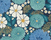Moda Fabric - Field of Flowers - by Katharine Watson - 1/2 yard  - 3310 19 - navy with blue, teal, gold and white flowers - garden flowers