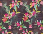 Moda Fabric - Love and Cheer by Amarilys Henderson 21834 13 - 1/2 yard  - Cotton Fabric - black background with berries and leaves