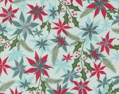 Moda Fabric - Good News Great Joy - Fancy That Design House by Stephanie Silwinski - aqua with poinsettias and holly  - 45561 15 - 1/2 yard