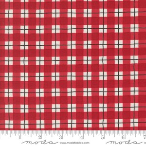 May include: Red fabric with a white and black plaid pattern. The fabric has a grid-like design with alternating red and white squares, intersected by black lines. The bottom of the image shows a ruler with the word "moda" and the website address.