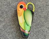 Purse Parrot Embroidery scissors with carrying pouch with snap to hold scissors securely - orange and green parrot with green dot scissors