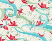 Moda Fabric - Winterly by Robin Pickens - 48761 11 - Cotton Fabric - white background with red birds and blue swirls - Winterly - 1/2 yard
