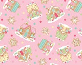 Riley Blake Fabric - Gingerbread Kisses - by Doodlebug Designs - C16440 - color pink- 1/2 yard - light pink with various gingerbread houses