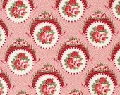 Moda Fabric - Grand Haven -  by Minick & Simpson - 1/2 yard - 14981 12 - pink with ivory and red circles with roses - Cotton Fabric