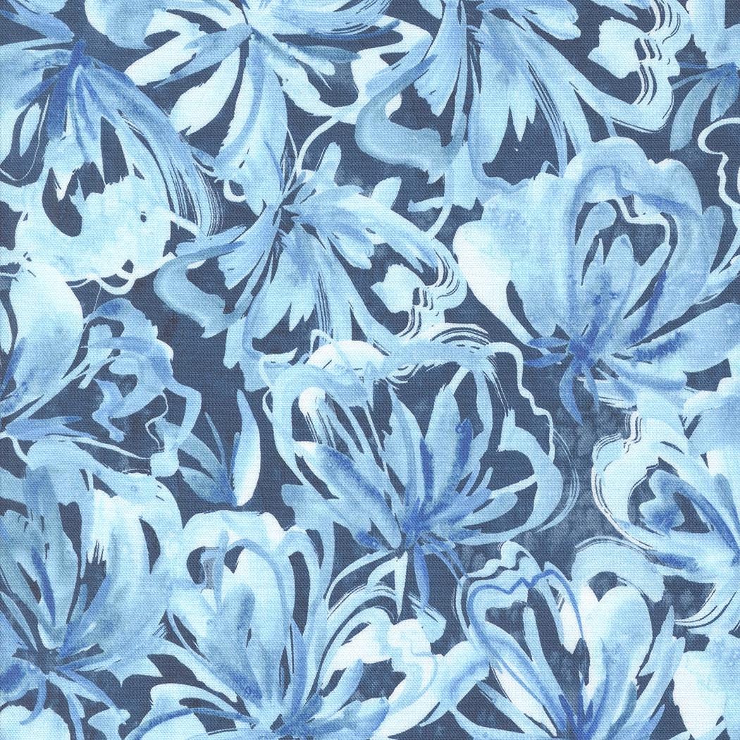 Moda Fabric - Sunshine and Blue Skies 39823 19 - Create Joy Project by Laura Muir - 1/2 yard - dark blue background white roses - Cotton