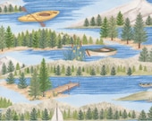 Moda Fabric - On Lake Time by Deb Strain - 1/2 yard - 56120 12 - Light blue lake scenes - 44" Cotton Fabric Trees, boats, water, scenery
