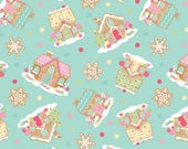 Riley Blake Fabric - Gingerbread Kisses - by Doodlebug Designs - C16440 - color blue- 1/2 yard - light green with various gingerbread houses