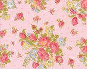 Moda Fabric - Memory Lane by Brenda Riddle - 18780 12 - 1/2 yard - pink background with medium pink and blue flowers - 44" wide - Cotton