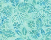 Moda Fabric - Mambo Batiks - by Moda - Batik - Cotton Batik - 4365 37 - aqua marble batik with leaves and flowers & a little splash of green