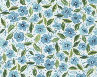 Moda Fabric - Chickadee Fabric 39736 13 - Create Joy Project by Laura Muir - Teal floral wht background - Cotton Fabric - 44" - 1/2 yard