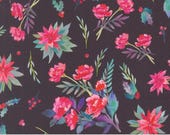 Moda Fabric - Love and Cheer by Amarilys Henderson 21832 17 - 1/2 yard  - Cotton Fabric - Black background with pink flowers green leaves