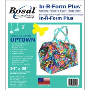 May include: Aunties Two City Bag Uptown pattern with a colorful floral design. The bag is 54 inches by 58 inches and features a unique fusible foam stabilizer. The image also includes the Bosal Foam & Fiber logo and product information.