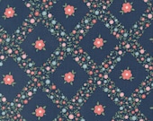 Moda Fabric - Rosemary Cottage by Camille Roskelley - 55311 14 - 1/2 yard- navy with coral flowers with lattice - Cotton Quilt Fabric 44"