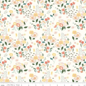 Riley Blake Fabric - New Beginnings  - by Sandy Gervais - C15751 Cream - Floral - Off white with multicolored flowers -1/2 yard-Cream Floral