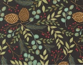 Moda Fabric - Winter Friends by Deb Strain for Moda - 56131 18 - 1/2 yard - Black with pine cones, leaves, berries, trees, birds - Cotton