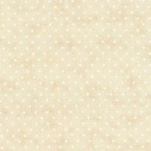 May include: Cream-colored fabric with a subtle, textured appearance. The fabric is patterned with evenly spaced, small white polka dots. The overall effect is a soft, vintage aesthetic, suitable for quilting or other craft projects.