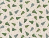 Moda Fabric - Winter Friends by Deb Strain for Moda - 56136 11 - 1/2 yard - Ivory with green trees and tiny taupe snowflakes - Cotton
