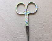 Embroidery scissors with Sewing - Safety Pins Motif - Brown, Cream and pastels - 3 1/2 inches