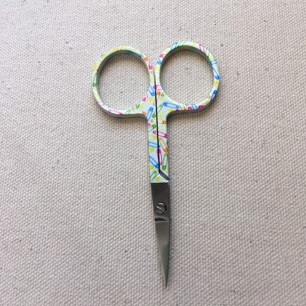 Embroidery scissors with Sewing - Safety Pins Motif - Brown, Cream and pastels - 3 1/2 inches