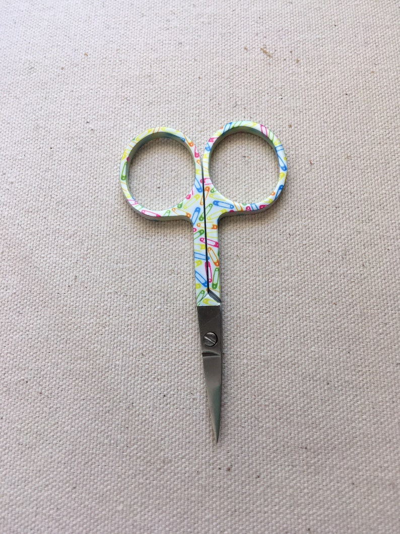 Embroidery scissors with Sewing Safety Pins Motif Brown, Cream and pastels 3 1/2 inches image 1