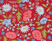 Moda Fabric - Red White and Bloom by Deb Strain - 1/2 yard - 56110 13 - red background with pink white and blue flowers - Cotton Fabric