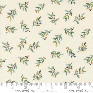 May include: Cream-colored fabric with a repeating pattern of green, blue, and orange berries and leaves. The leaves are in shades of green and blue-green, and the berries are blue and orange. The fabric has a ruler along the bottom.