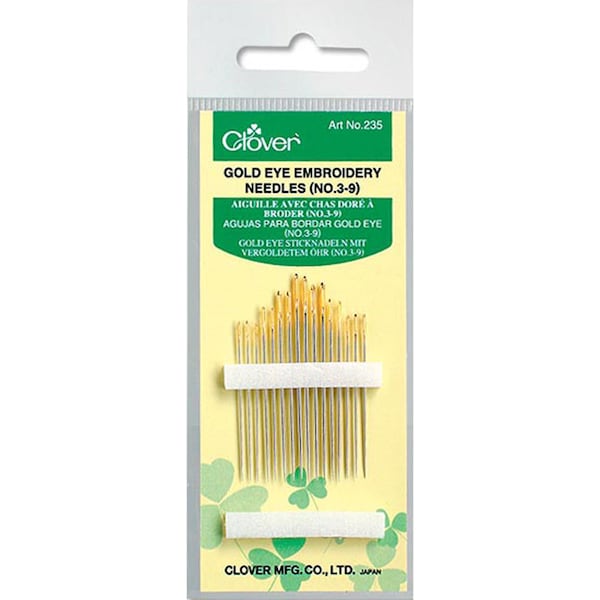 Clover Gold Eye Embroidery Needles - Sizes 3-9 - 16 count