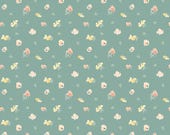 Riley Blake Fabric - New Beginnings  - by Sandy Gervais - C15752 Teal - Sweet Peas - Teal with yellow and apricot flowers - 1/2 yard