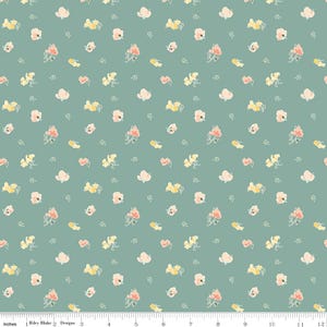 Riley Blake Fabric - New Beginnings  - by Sandy Gervais - C15752 Teal - Sweet Peas - Teal with yellow and apricot flowers - 1/2 yard