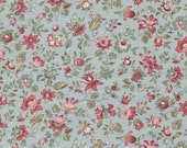 Moda Fabric - Antoinette -  by French General - Ciel Blue background floral print with red, pink, green, ivory - 13952 13 - 1/2 yard - Moda