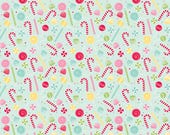 Riley Blake Fabric - Gingerbread Kisses - by Doodlebug Designs - C16443 - color blue - 1/2 yard - very light green with various candies -RBD