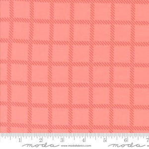 May include: Coral-colored fabric with a grid pattern. The grid is formed by darker coral lines, creating a textured effect. A ruler is at the bottom, with the word "moda" printed on it.