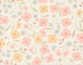 Moda Fabric - Cottage Charm - by Heather Briggs - 1/2 yard - 31750 11 - off white background with peach and yellow flowers - Cotton fabric