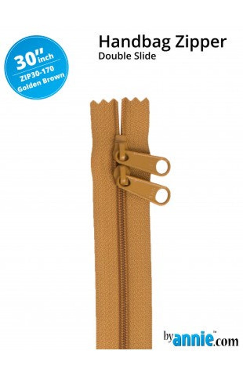 By Annie Double-Slide 30 Handbag Zipper Nylon Coil Great for bags and carriers Color golden brown 30 handbag zipper image 1