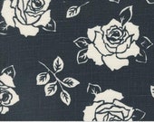 Moda Fabric - Panache 54" Cotton Slub 12219 13 - by Pieces to Treasures - Black with white roses - 1/2 yard - great for garments & homedecor