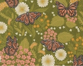 Moda Fabric - Bee Garden - by Gingiber - 48412 12M - Green with pink flowers and monarchss - Cotton- 1/2 yard - Metallic accent - Cotton