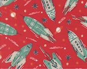 Moda Fabric - 3, 2, 1 Blast Off by Stacy Iest Hsu - cotton fabric - 1/2 yard - 20950 20 - red with teal rockets - Blast off